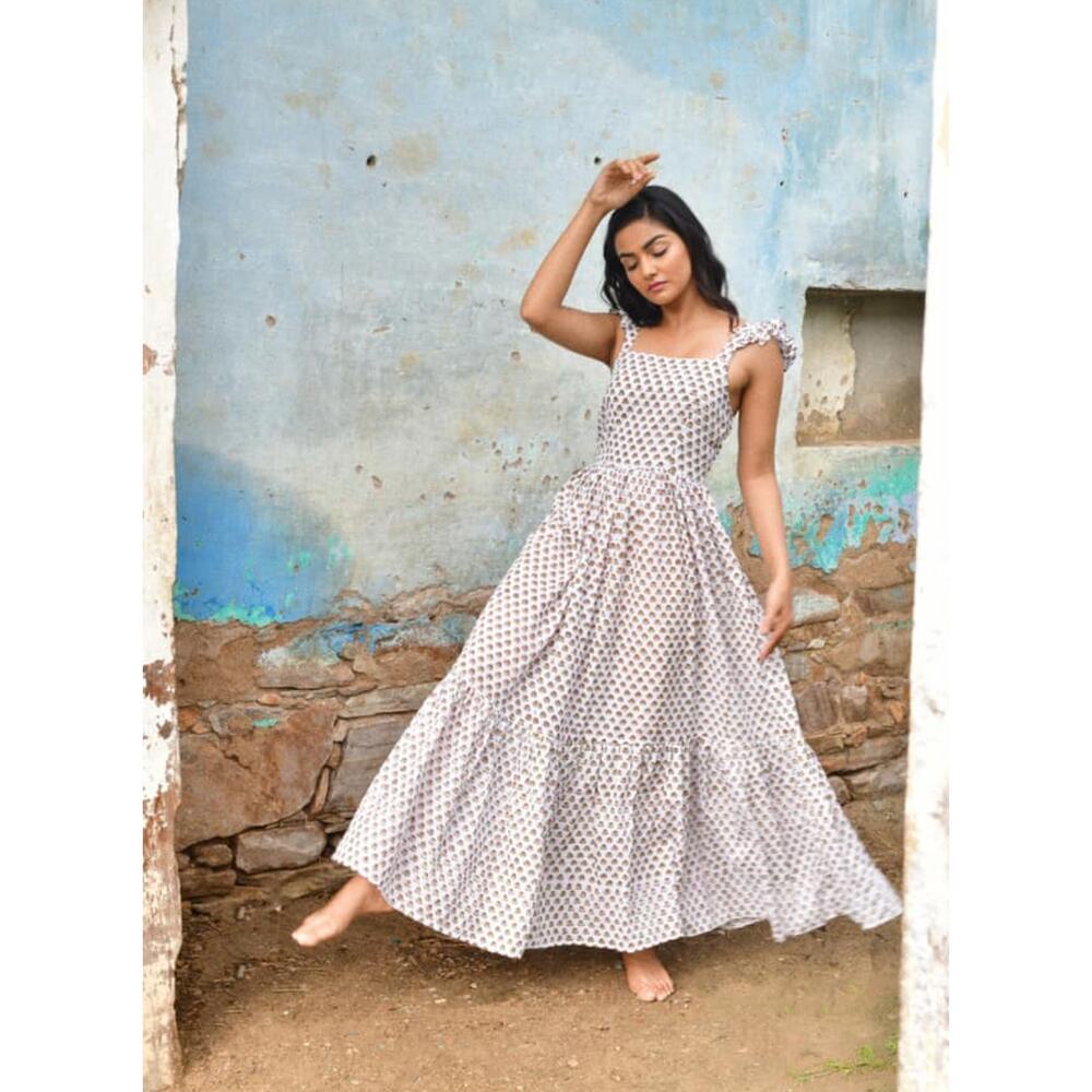 B51 Daughters of India Manjari Maxi Dress Floral XS Ruffle Boho Cottage Flowy - Picture 5 of 11